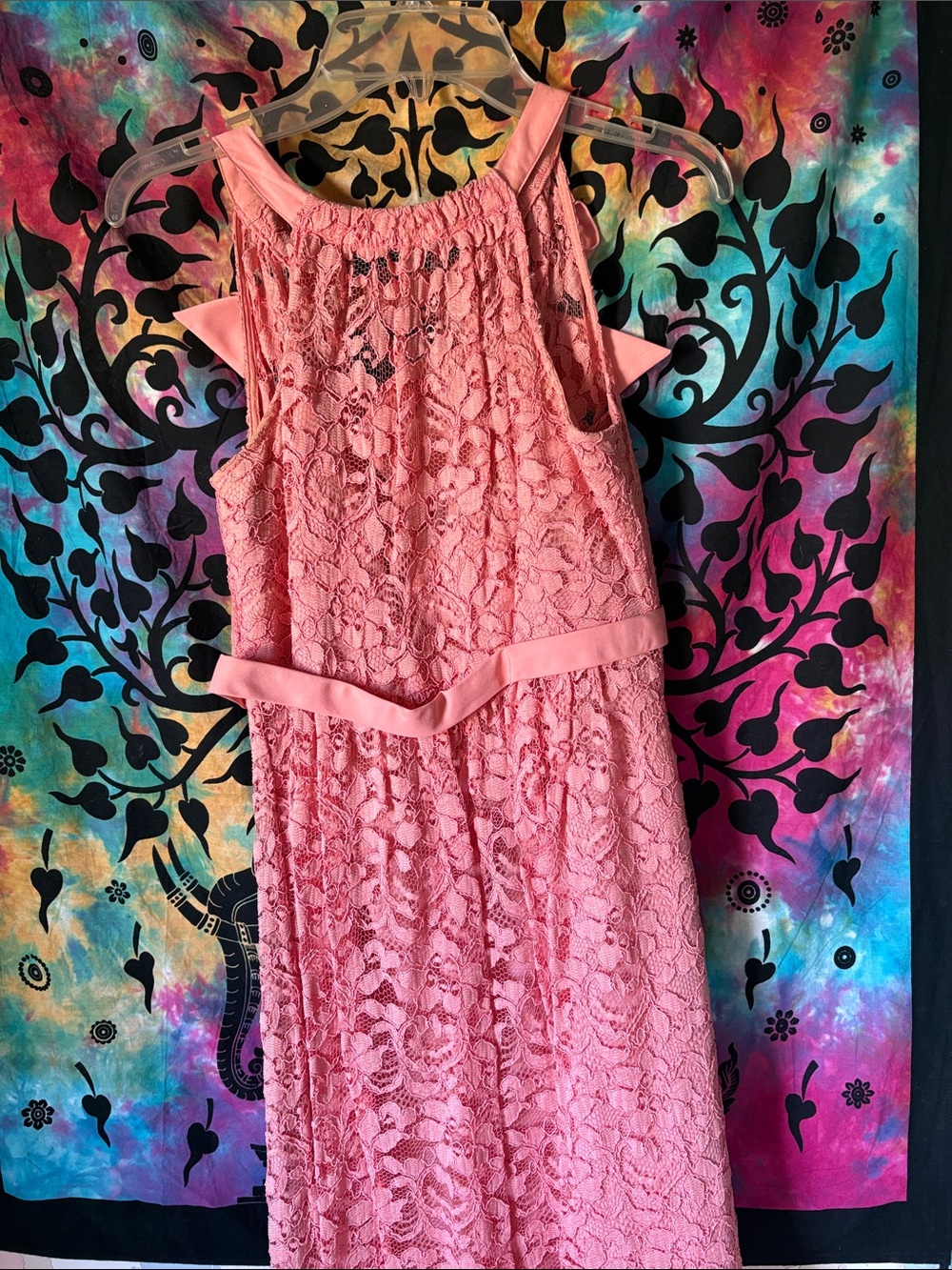 David’s Bridal Pink Lace Belted Dress